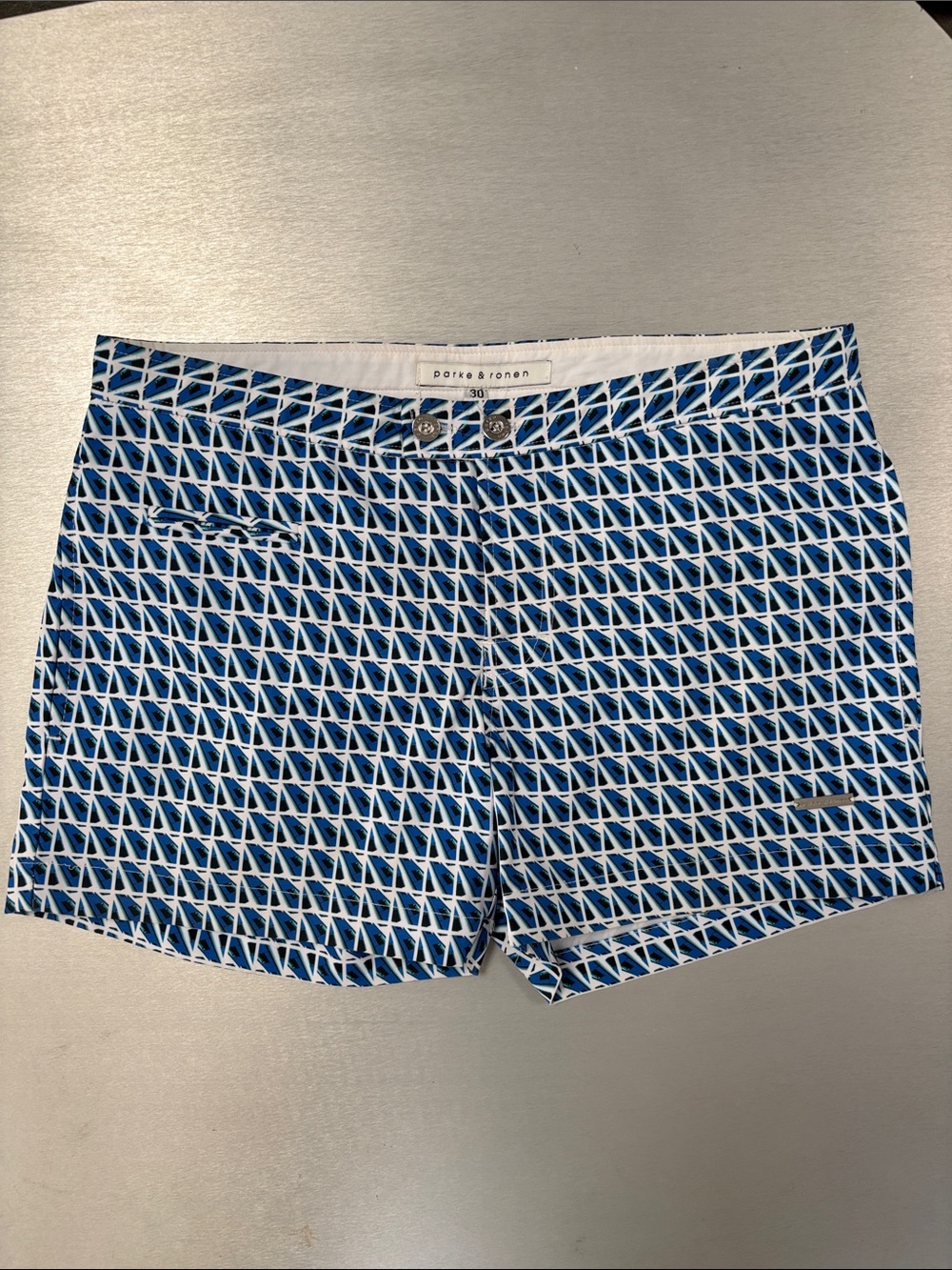 Parke & Ronen Blue and White Geometric Print swim shorts / trunks 30